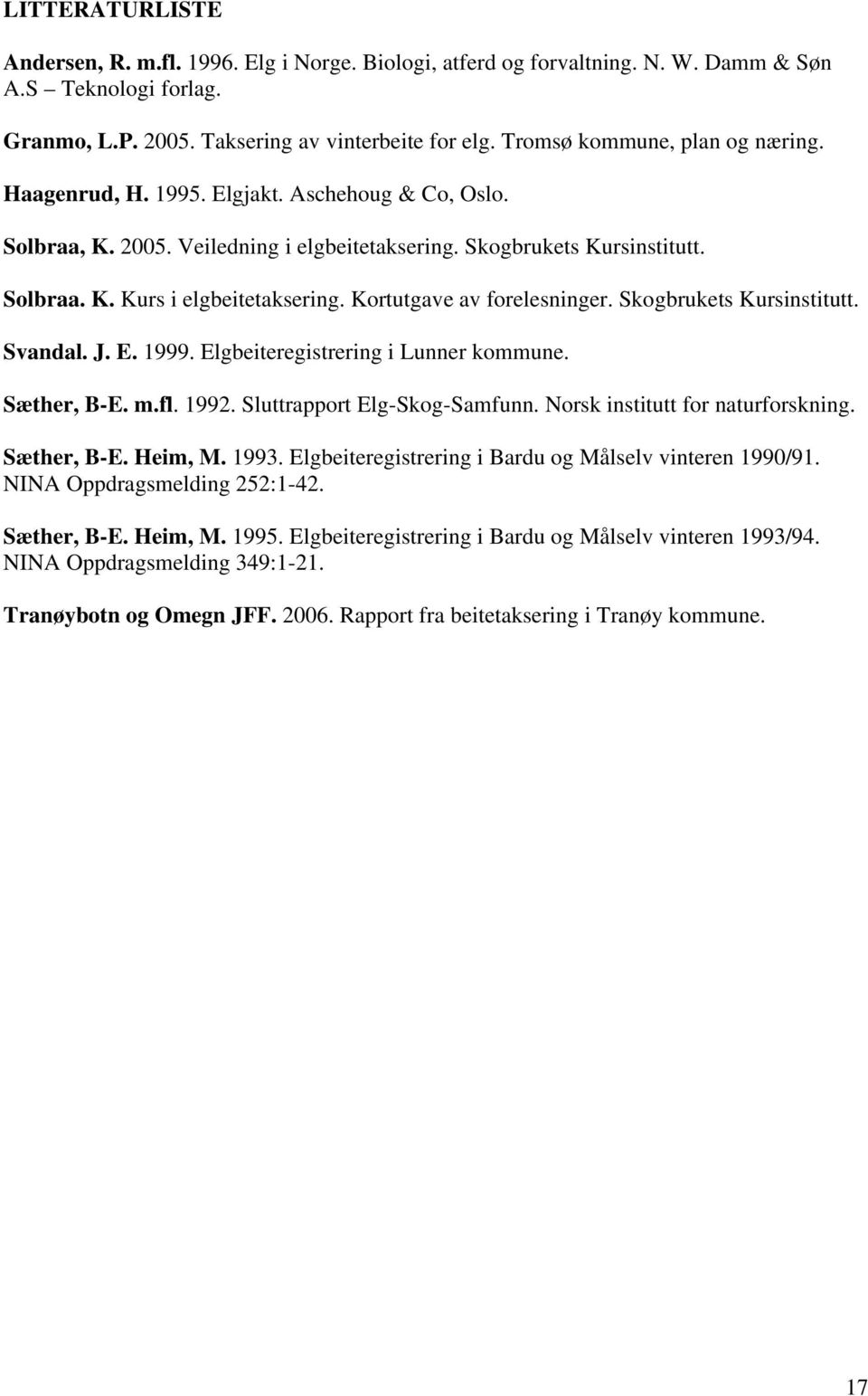 Kortutgave av forelesninger. Skogbrukets Kursinstitutt. Svandal. J. E. 1999. Elgbeiteregistrering i Lunner kommune. Sæther, B-E. m.fl. 1992. Sluttrapport Elg-Skog-Samfunn.