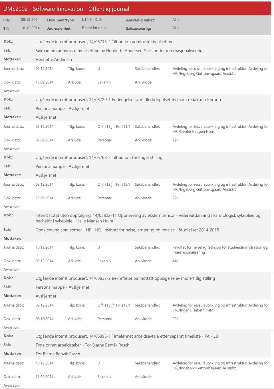 09.2014 Personal tgående internt produsert, 14/05763-2 Tilbud om forlenget stilling 25.09.2014 Personal Internt notat uten oppfølging, 14/05822-11 Oppnevning av ekstern sensor - Videreutdanning i