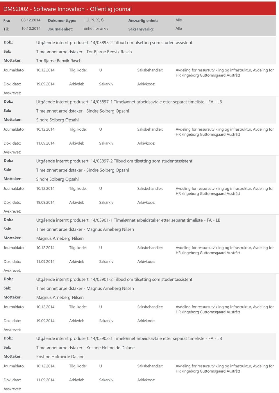 2014 tgående internt produsert, 14/05897-2 Tilbud om tilsetting som studentassistent Timelønnet arbeidstaker - Sindre Solberg Opsahl Sindre Solberg Opsahl 19.09.