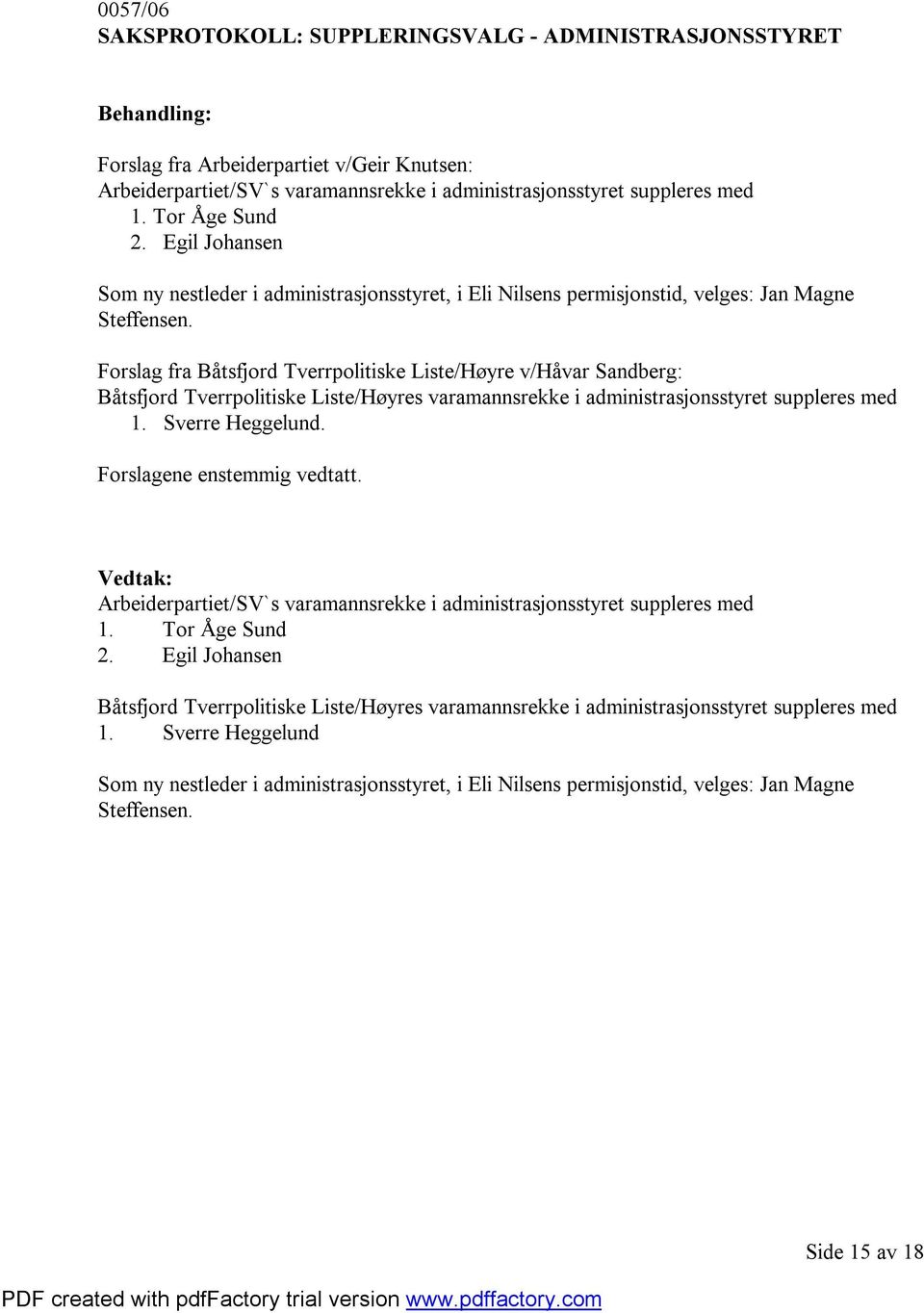 Forslag fra Båtsfjord Tverrpolitiske Liste/Høyre v/håvar Sandberg: Båtsfjord Tverrpolitiske Liste/Høyres varamannsrekke i administrasjonsstyret suppleres med 1. Sverre Heggelund.