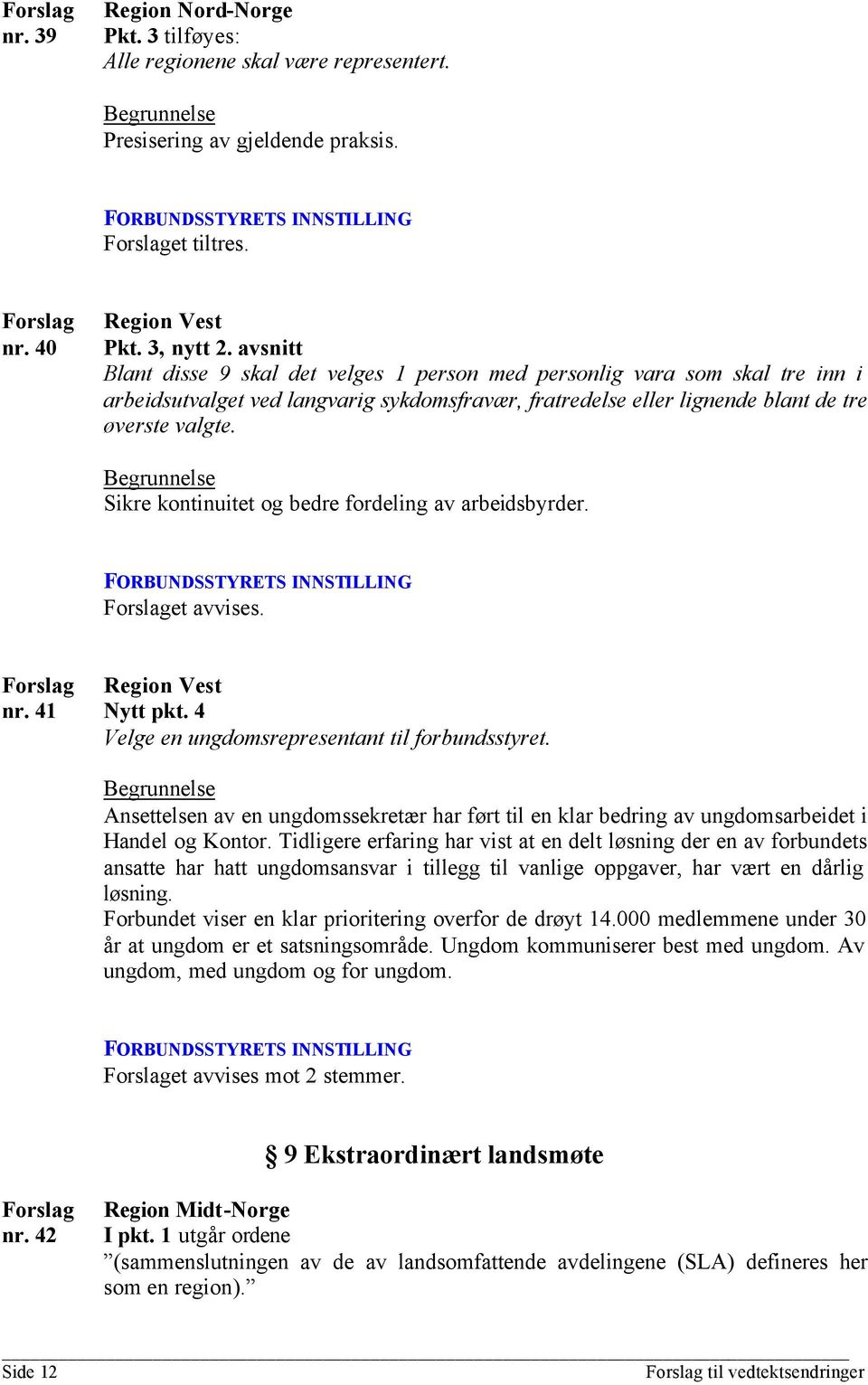 Sikre kontinuitet og bedre fordeling av arbeidsbyrder. et avvises. Region Vest nr. 41 Nytt pkt. 4 Velge en ungdomsrepresentant til forbundsstyret.