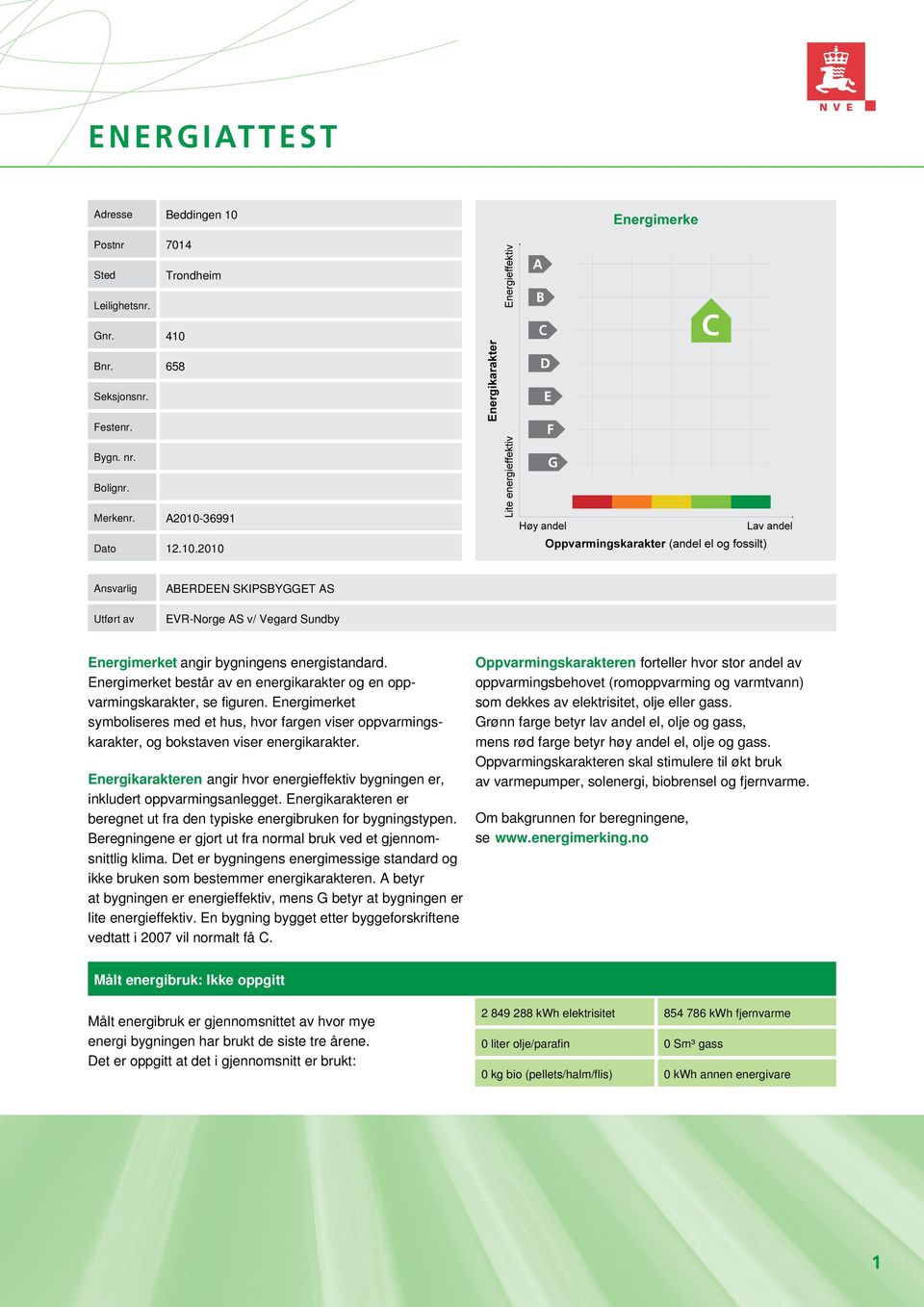 Energikarakteren angir hvor energieffektiv bygningen er, inkludert oppvarmingsanlegget. Energikarakteren er beregnet ut fra den typiske energibruken for bygningstypen.