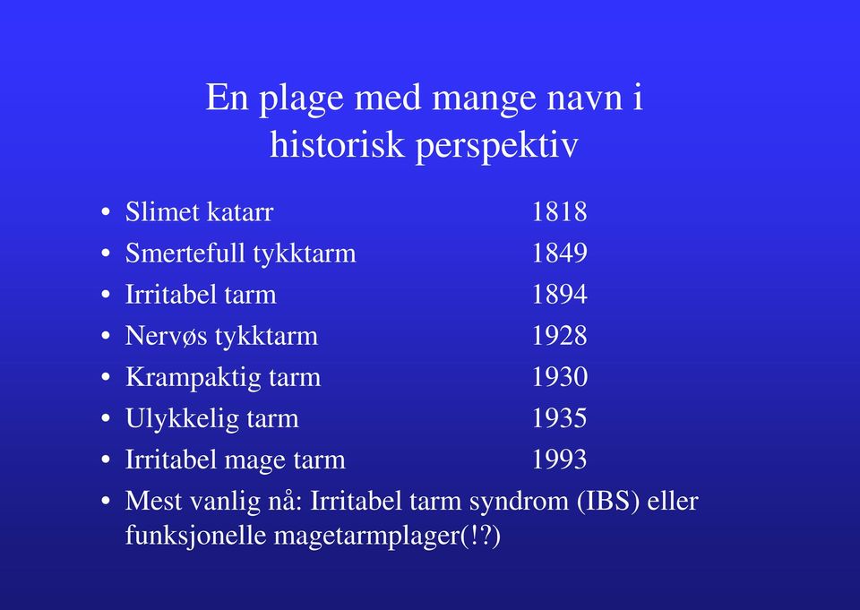 Krampaktig tarm 1930 Ulykkelig tarm 1935 Irritabel mage tarm 1993