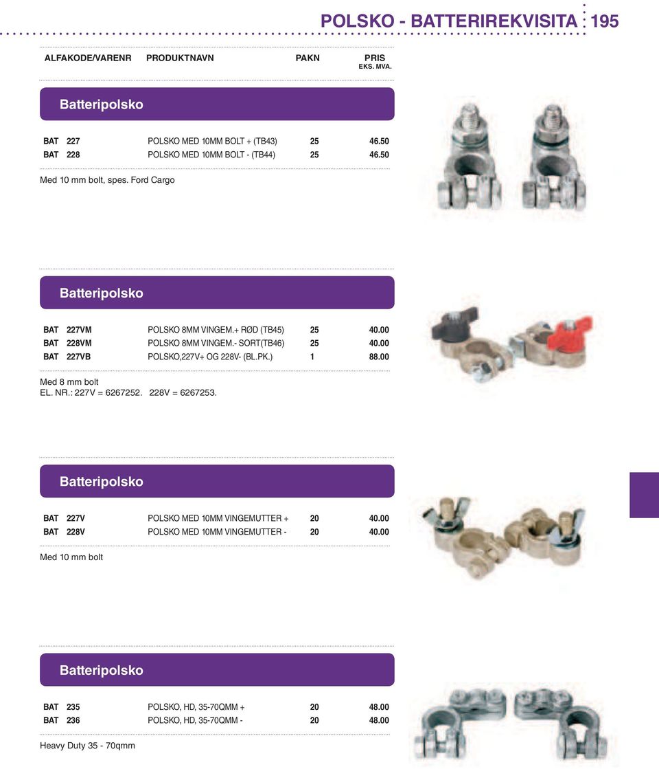 00 BAT 227VB POLSKO,227V+ OG 228V- (BL.PK.) 1 88.00 Med 8 mm bolt EL. NR.: 227V = 6267252. 228V = 6267253.