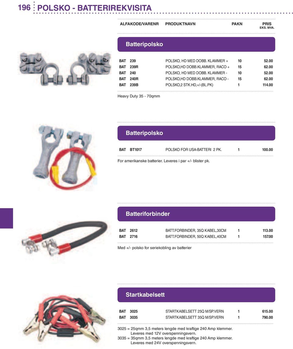 Batteriforbinder BAT 2612 BATT.FORBINDER, 35Q KABEL,30CM 1 113.00 BAT 2716 BATT.FORBINDER, 50Q KABEL,40CM 1 157.