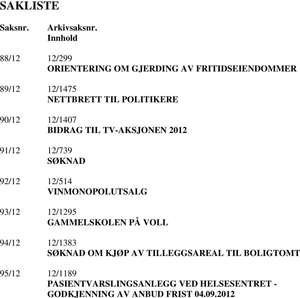 POLITIKERE 90/12 12/1407 BIDRAG TIL TV-AKSJONEN 2012 91/12 12/739 SØKNAD 92/12 12/514 VINMONOPOLUTSALG