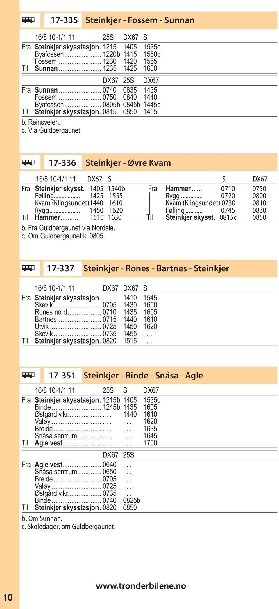 ÿ 17-336 Steinkjer - Øvre Kvam 16/8 10-1/1 11 DX67 S S DX67 Fra Steinkjer skysst. 1405 1540b Fra Hammer... 0710 0750 Følling... 1425 1555 Rygg.