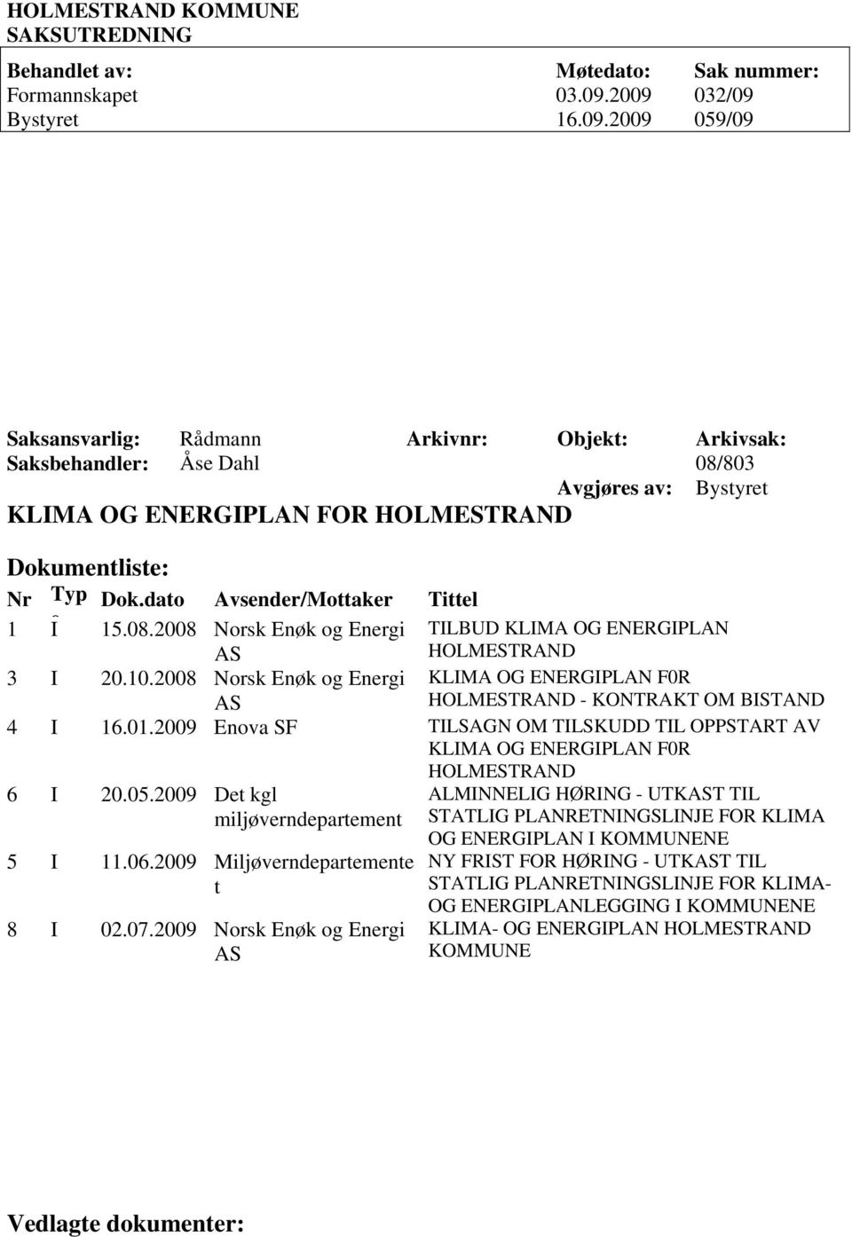 dato Avsender/Mottaker Tittel e 1 I 15.08.2008 Norsk Enøk og Energi TILBUD KLIMA OG ENERGIPLAN AS HOLMESTRAND 3 I 20.10.