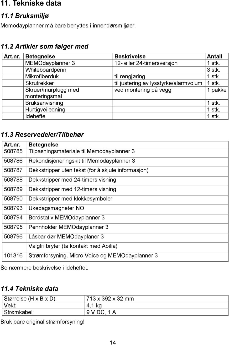 Skruer/murplugg med ved montering på vegg 1 pakke monteringsmal Bruksanvisning 1 stk. Hurtigveiledning 1 stk. Idehefte 1 stk. 11.3 Reservedeler/Tilbehør Art.nr.