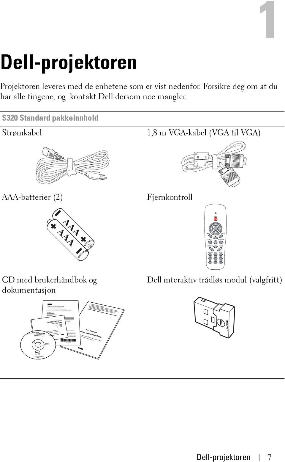 nedenfor. Forsikre deg om at du har alle tingene, og kontakt Dell dersom noe mangler.