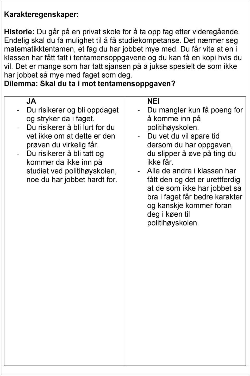 Dilemma: Skal du ta i mot tentamensoppgaven? - Du risikerer og bli oppdaget og stryker da i faget. - Du risikerer å bli lurt for du vet ikke om at dette er den prøven du virkelig får.