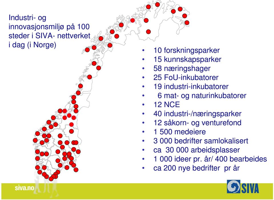 naturinkubatorer 12 NCE 40 industri-/næringsparker 12 såkorn- og venturefond 1 500 medeiere 3 000