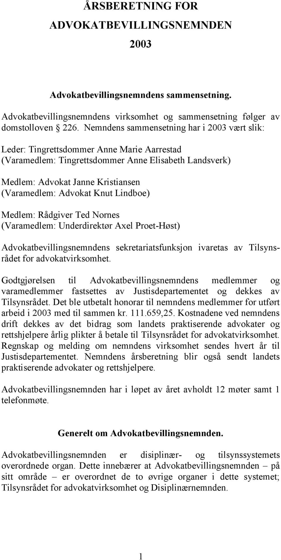 Knut Lindboe) Medlem: Rådgiver Ted Nornes (Varamedlem: Underdirektør Axel Proet-Høst) Advokatbevillingsnemndens sekretariatsfunksjon ivaretas av Tilsynsrådet for advokatvirksomhet.