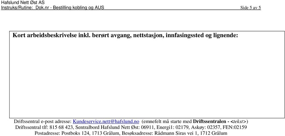 no (emnefelt må starte med Driftssentralen - <tekst>) Driftssentral tlf: 815 68 423, Sentralbord Hafslund Nett