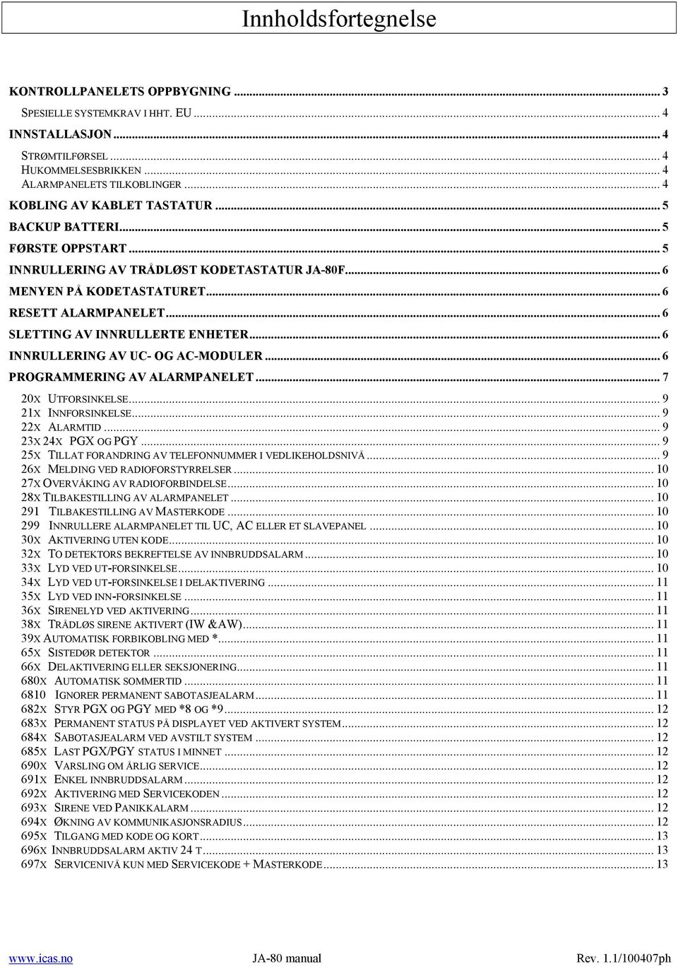 .. 6 SLETTING AV INNRULLERTE ENHETER... 6 INNRULLERING AV UC- OG AC-MODULER... 6 PROGRAMMERING AV ALARMPANELET... 7 20X UTFORSINKELSE... 9 21X INNFORSINKELSE... 9 22X ALARMTID... 9 23X 24X PGX OG PGY.