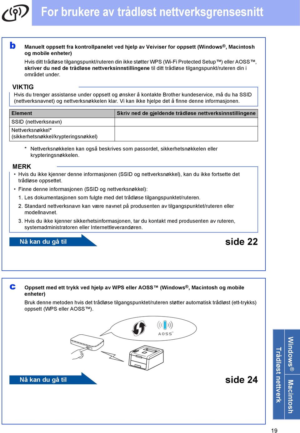 Hvis du trenger ssistnse under oppsett og ønsker å kontkte Brother kundeservie, må du h SSID (nettverksnvnet) og nettverksnøkkelen klr. Vi kn ikke hjelpe det å finne denne informsjonen.