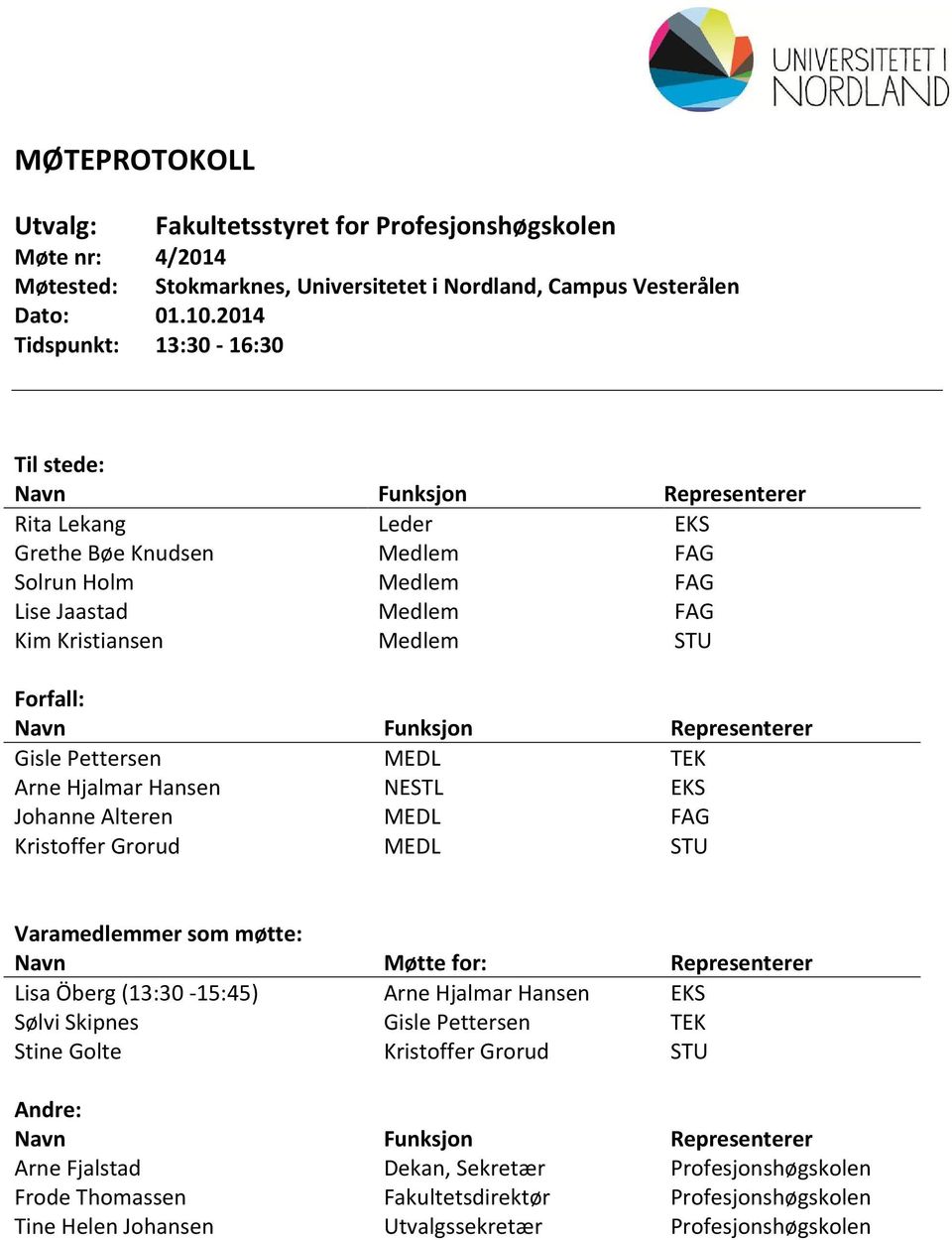 MEDL TEK Arne Hjalmar Hansen NESTL EKS Johanne Alteren MEDL FAG Kristoffer Grorud MEDL STU Varamedlemmer som møtte: Navn Møtte for: Representerer Lisa Öberg (13:30-15:45) Arne Hjalmar Hansen