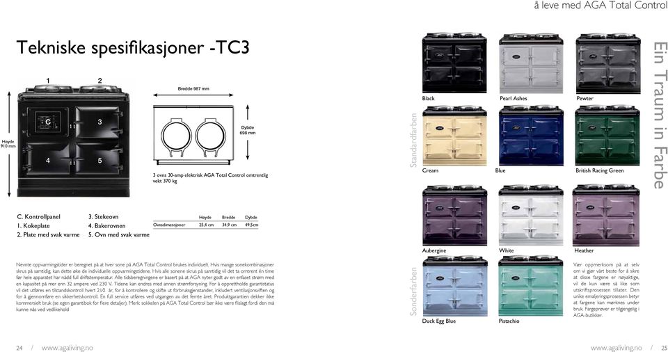 Ovn med svak varme Høyde Bredde Dybde Ovnsdimensjoner 25,4 cm 34,9 cm 49,5cm Aubergine White Heather Nevnte oppvarmingstider er beregnet på at hver sone på AGA Total Control brukes individuelt.