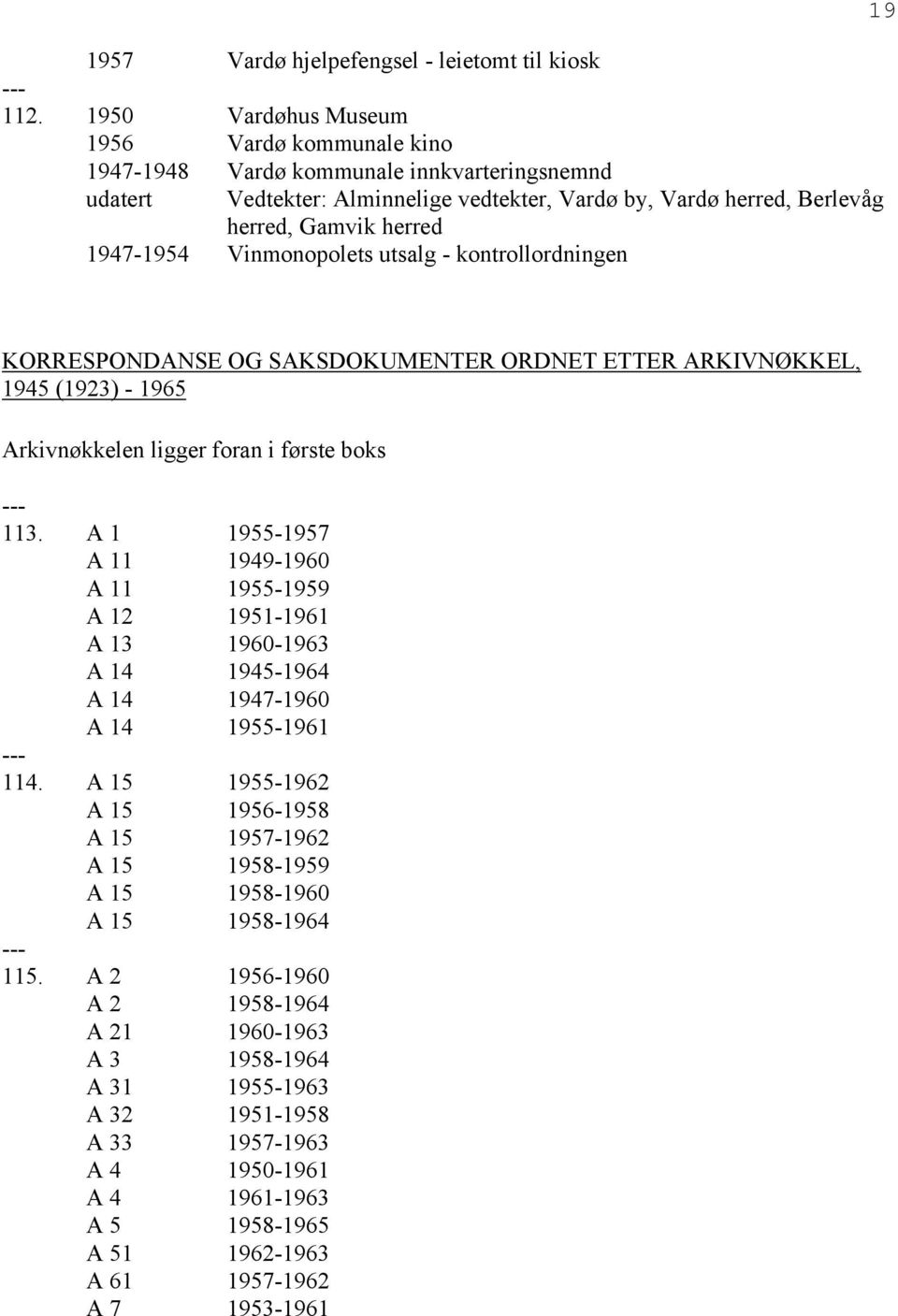 Vinmonopolets utsalg - kontrollordningen 19 KORRESPONDANSE OG SAKSDOKUMENTER ORDNET ETTER ARKIVNØKKEL, 1945 (1923) - 1965 Arkivnøkkelen ligger foran i første boks 113.