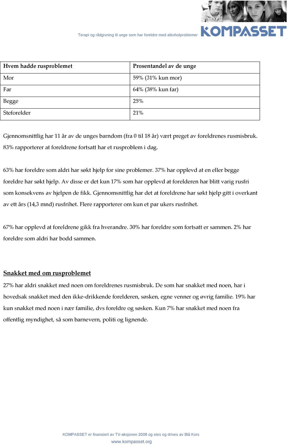 37% har opplevd at en eller begge foreldre har søkt hjelp. Av disse er det kun 17% som har opplevd at forelderen har blitt varig rusfri som konsekvens av hjelpen de fikk.