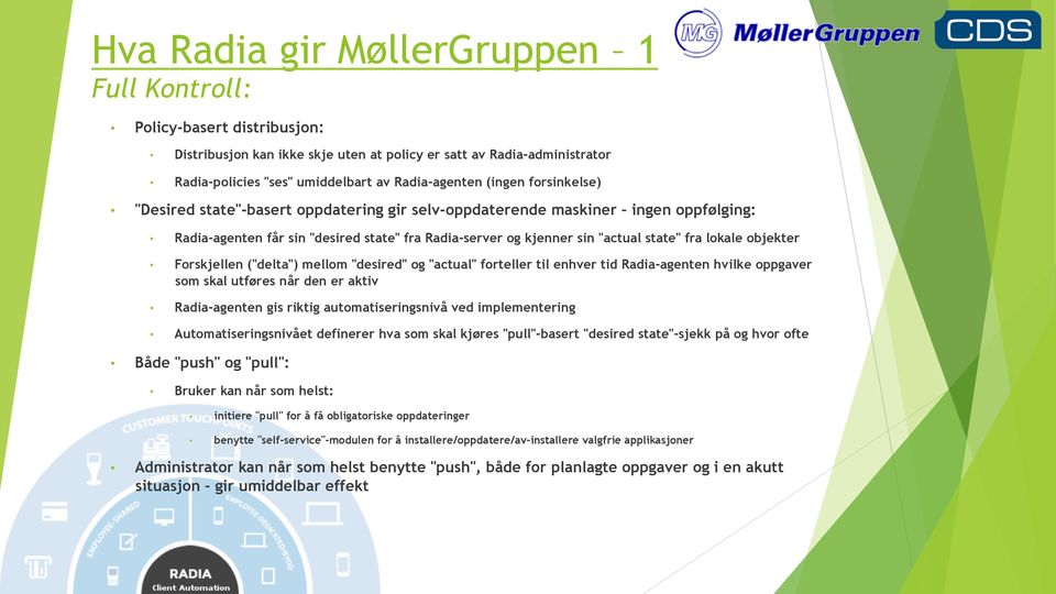 objekter Forskjellen ("delta") mellom "desired" og "actual" forteller til enhver tid Radia-agenten hvilke oppgaver som skal utføres når den er aktiv Radia-agenten gis riktig automatiseringsnivå ved