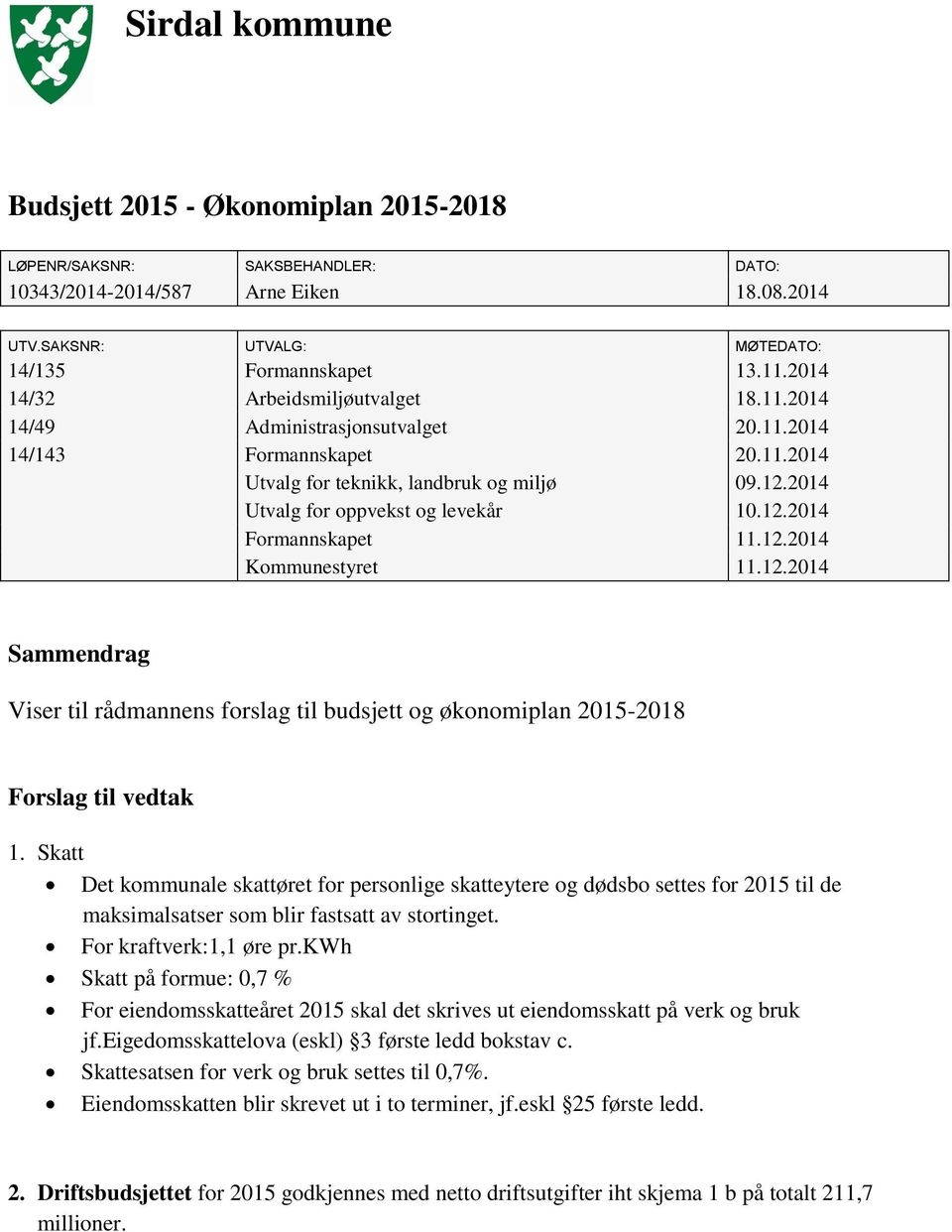 12.2014 Formannskapet 11.12.2014 Kommunestyret 11.12.2014 Sammendrag Viser til rådmannens forslag til budsjett og økonomiplan 2015-2018 Forslag til vedtak 1.