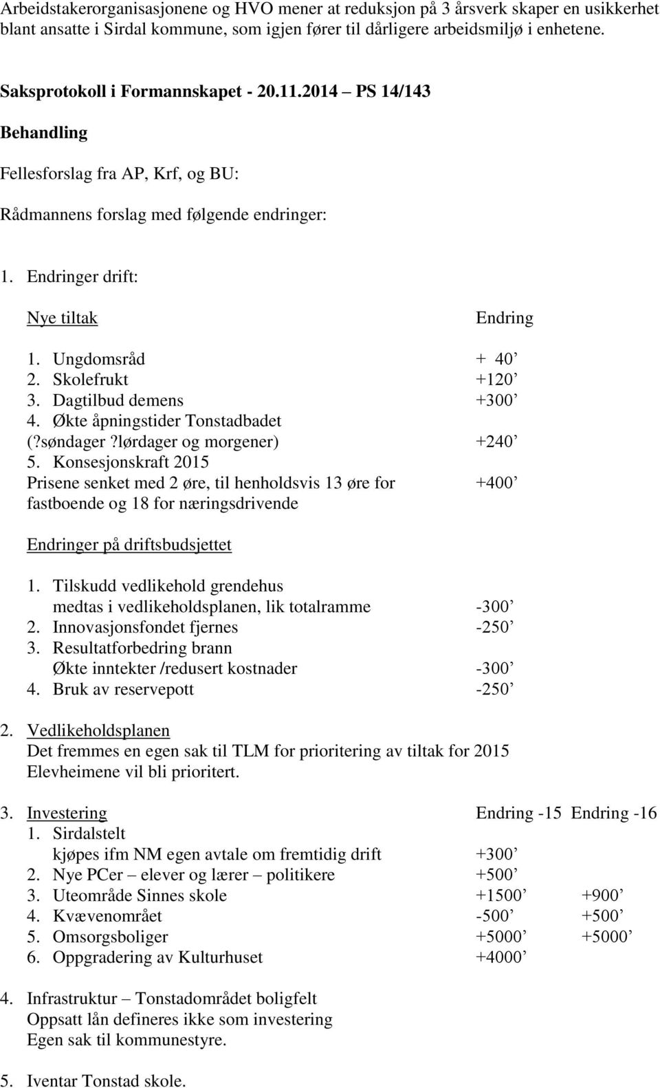 Ungdomsråd + 40 2. Skolefrukt +120 3. Dagtilbud demens +300 4. Økte åpningstider Tonstadbadet (?søndager?lørdager og morgener) +240 5.