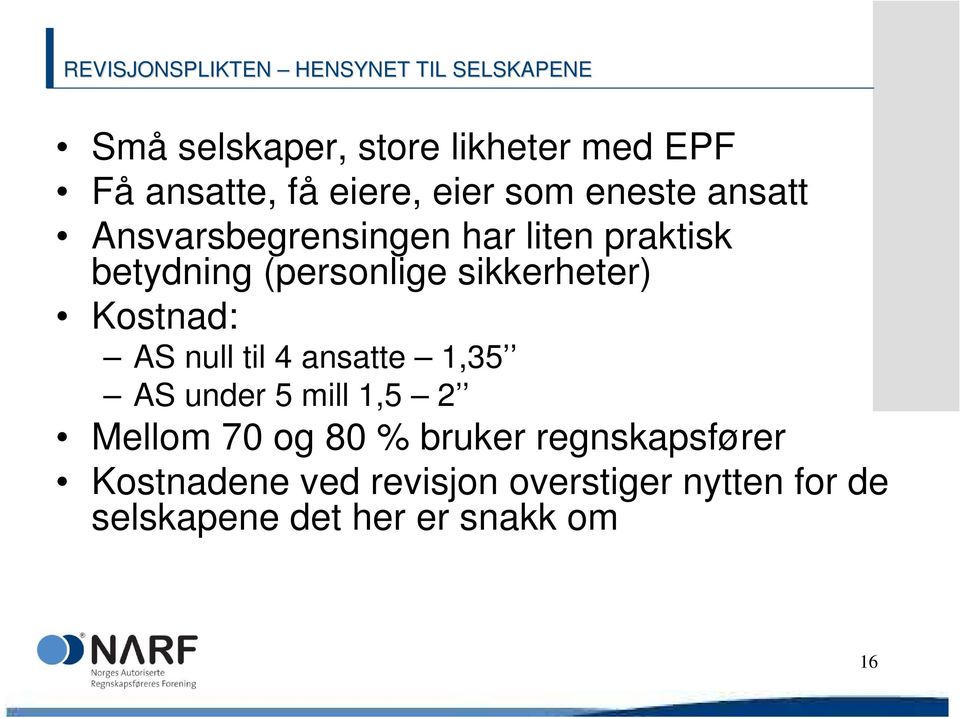 sikkerheter) Kostnad: AS null til 4 ansatte 1,35 AS under 5 mill 1,5 2 Mellom 70 og 80 %