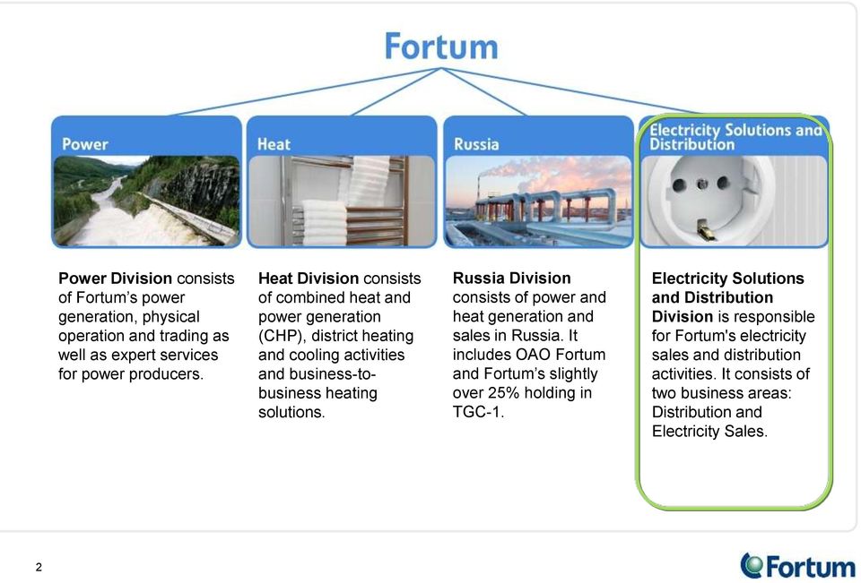 Russia Division consists of power and heat generation and sales in Russia. It includes OAO Fortum and Fortum s slightly over 25% holding in TGC-1.