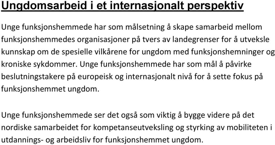 Unge funksjonshemmede har som mål å påvirke beslutningstakere på europeisk og internasjonalt nivå for å sette fokus på funksjonshemmet ungdom.