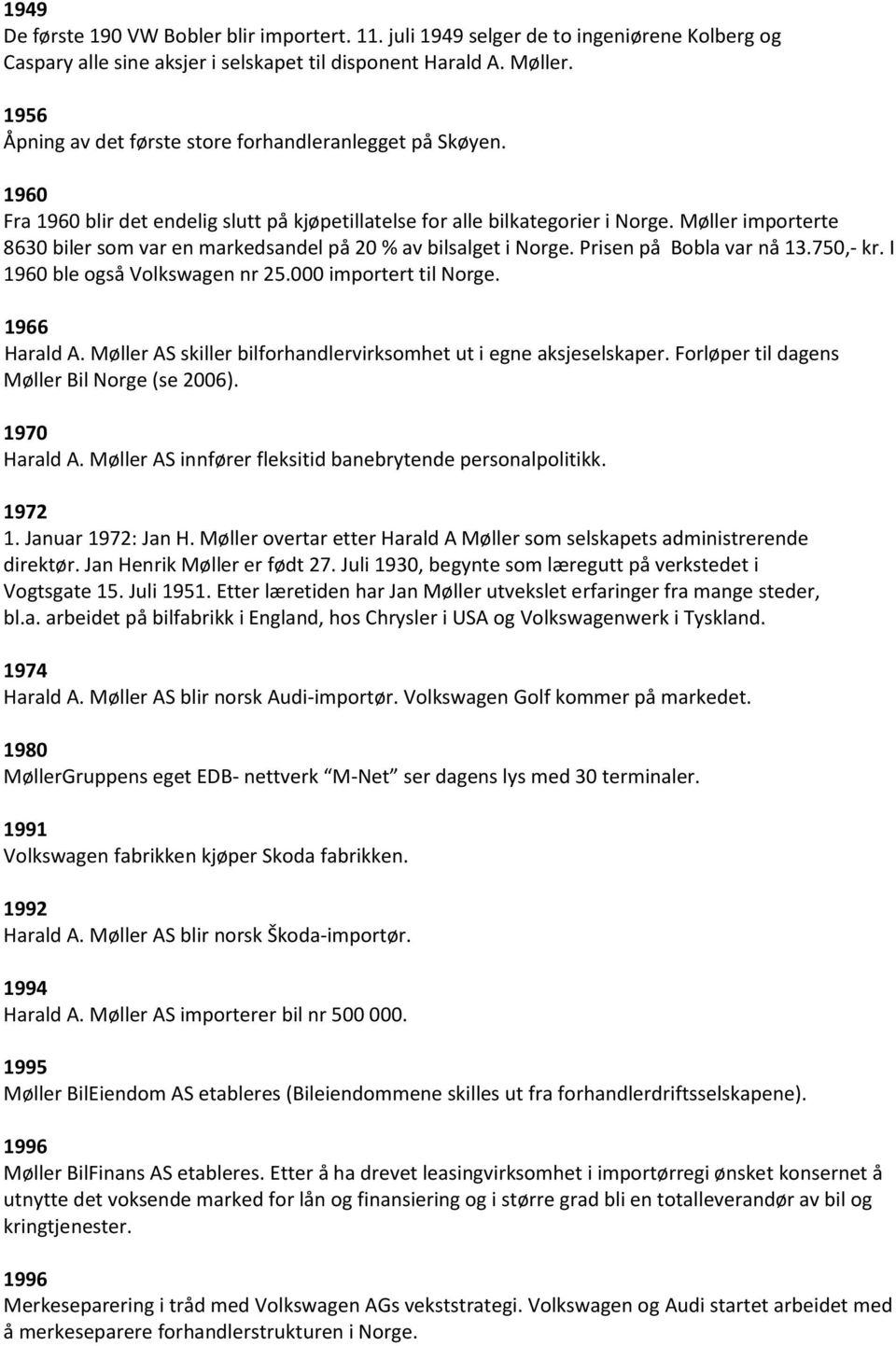 Møller importerte 8630 biler som var en markedsandel på 20 % av bilsalget i Norge. Prisen på Bobla var nå 13.750,- kr. I 1960 ble også Volkswagen nr 25.000 importert til Norge. 1966 Harald A.