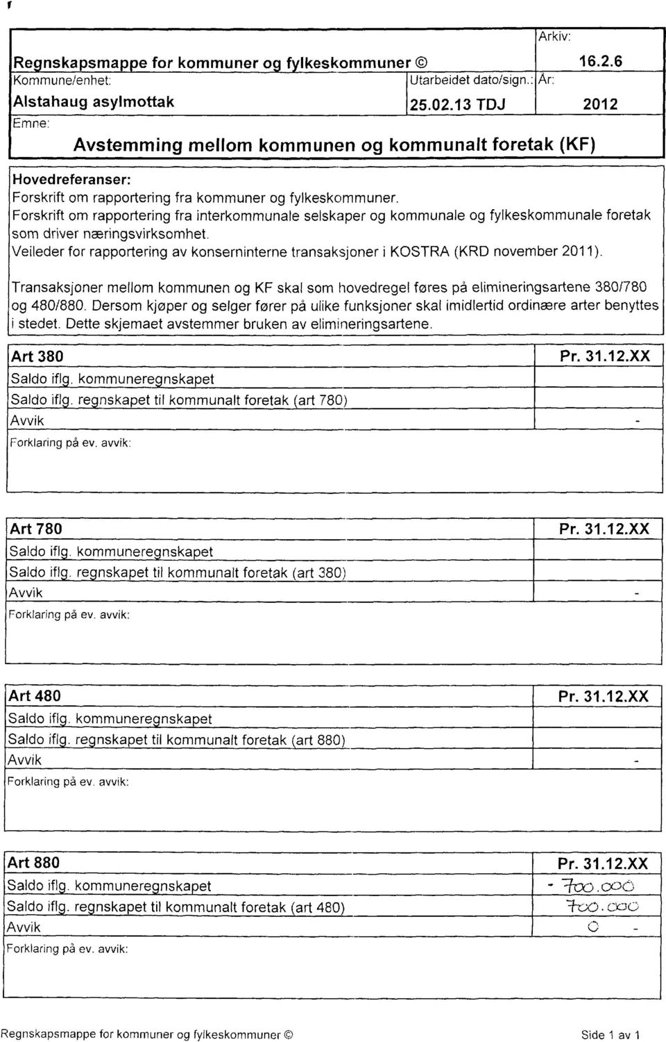 Veileder for rapportering av konserninterne transaksjoner i KOSTRA (KRD november 2011). Transaksjoner mellom kommunen og KF skal som hovedregel føres på elimineringsartene 380/780 og 480/880.