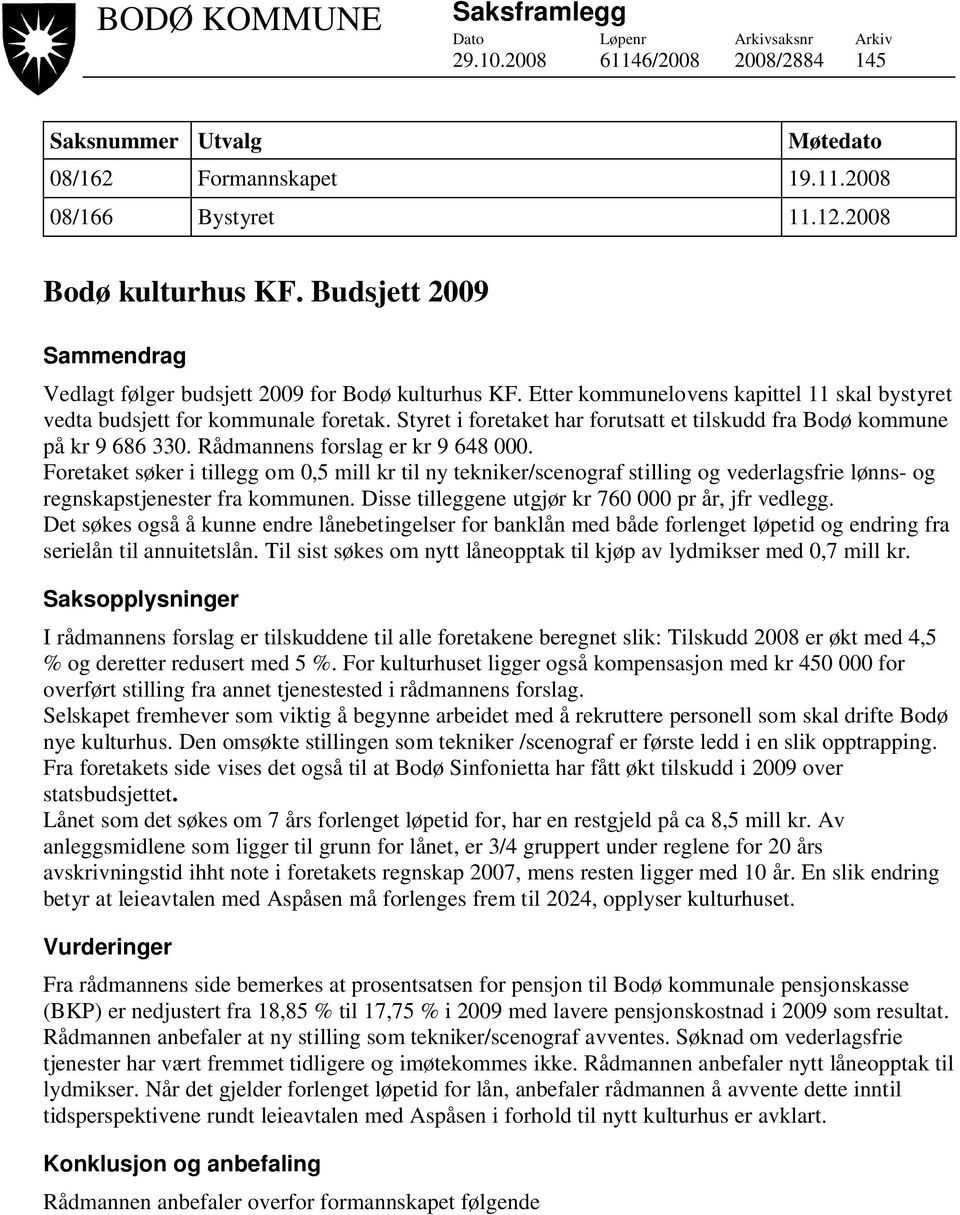 Styret i foretaket har forutsatt et tilskudd fra Bodø kommune på kr 9 686 330. Rådmannens forslag er kr 9 648 000.