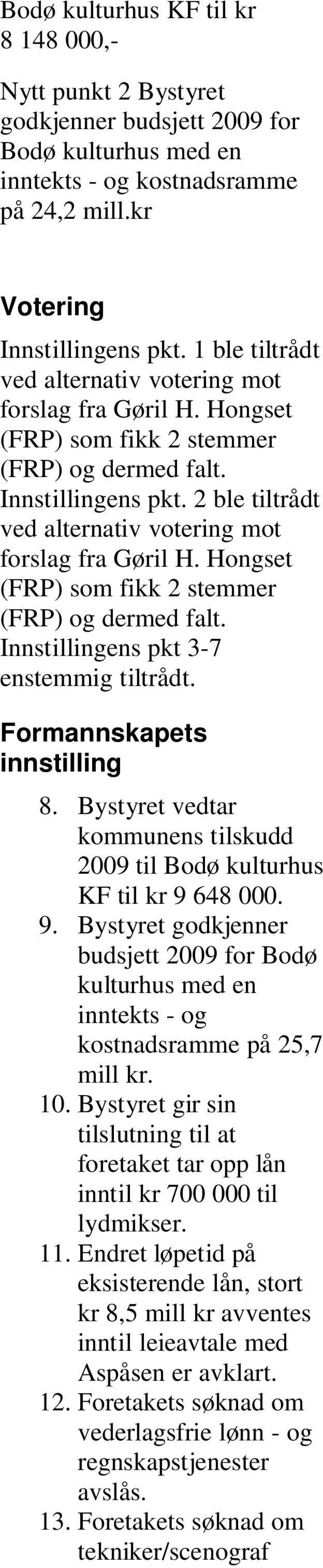 2 ble tiltrådt ved alternativ votering mot forslag fra Gøril H. Hongset (FRP) som fikk 2 stemmer (FRP) og dermed falt. Innstillingens pkt 3-7 enstemmig tiltrådt. Formannskapets innstilling 8.