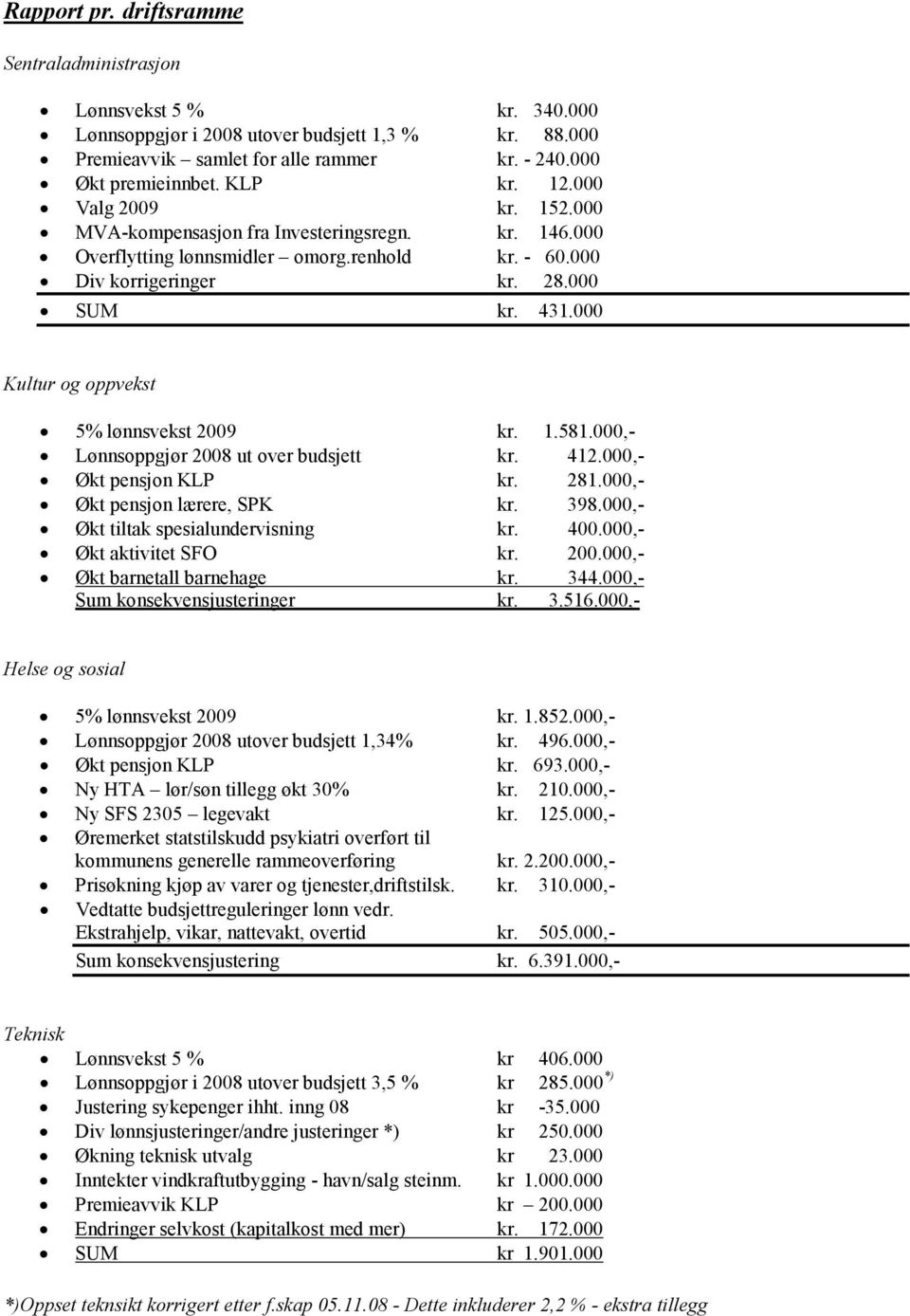 000 Kultur og oppvekst 5% lønnsvekst 2009 kr. 1.581.000,- Lønnsoppgjør 2008 ut over budsjett kr. 412.000,- Økt pensjon KLP kr. 281.000,- Økt pensjon lærere, SPK kr. 398.