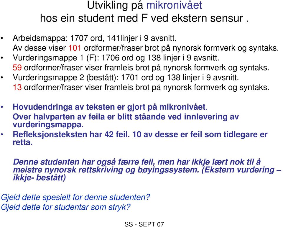 13 ordformer/fraser viser framleis brot på nynorsk formverk og syntaks. Hovudendringa av teksten er gjort på mikronivået. Over halvparten av feila er blitt ståande ved innlevering av vurderingsmappa.