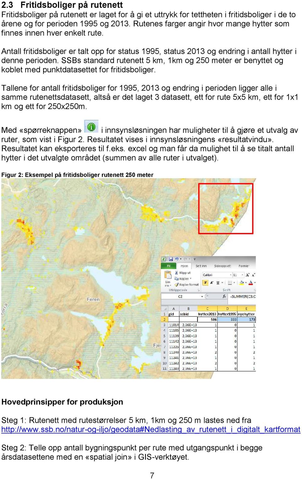 SSBs standard rutenett 5 km, 1km og 250 meter er benyttet og koblet med punktdatasettet for fritidsboliger.