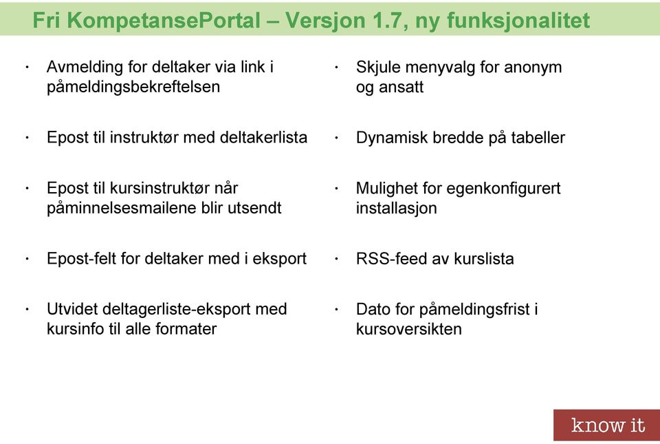 Epost til instruktør med deltakerlista Dynamisk bredde på tabeller Epost til kursinstruktør når påminnelsesmailene blir