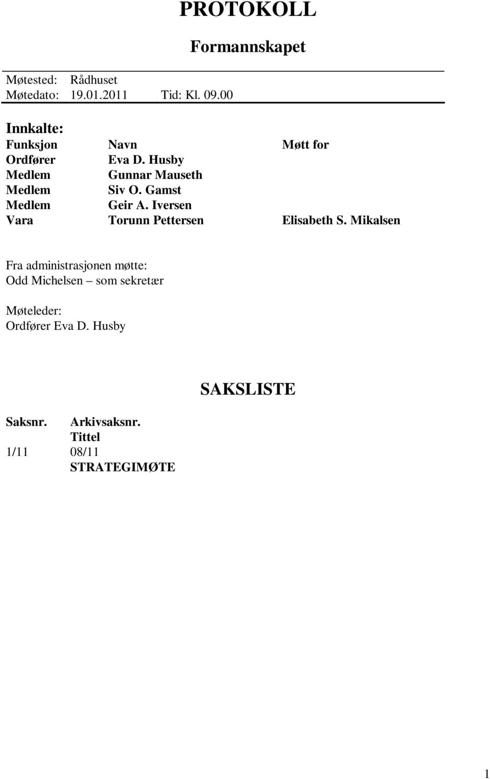 Husby Gunnar Mauseth Siv O. Gamst Geir A. Iversen Torunn Pettersen Møtt for Elisabeth S.