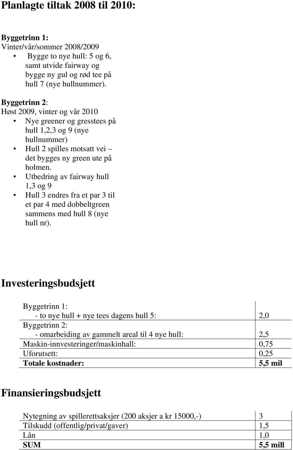 Utbedring av fairway hull 1,3 og 9 Hull 3 endres fra et par 3 til et par 4 med dobbeltgreen sammens med hull 8 (nye hull nr).