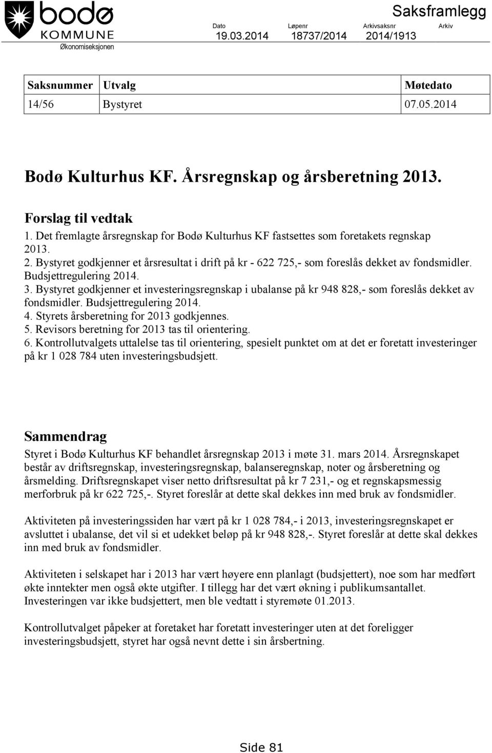 13. 2. Bystyret godkjenner et årsresultat i drift på kr - 622 725,- som foreslås dekket av fondsmidler. Budsjettregulering 2014. 3.