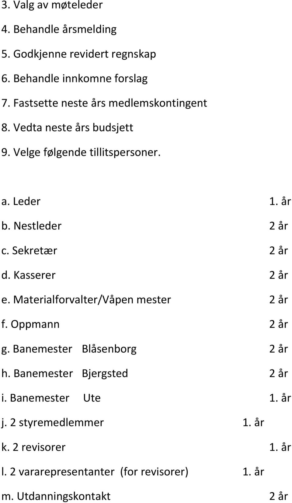 Nestleder 2 år c. Sekretær 2 år d. Kasserer 2 år e. Materialforvalter/Våpen mester 2 år f. Oppmann 2 år g.