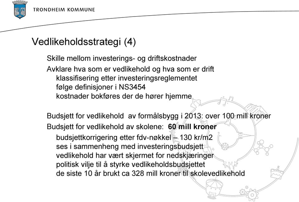 mill kroner Budsjett for vedlikehold av skolene: 60 mill kroner budsjettkorrigering etter fdv-nøkkel 130 kr/m2 ses i sammenheng med