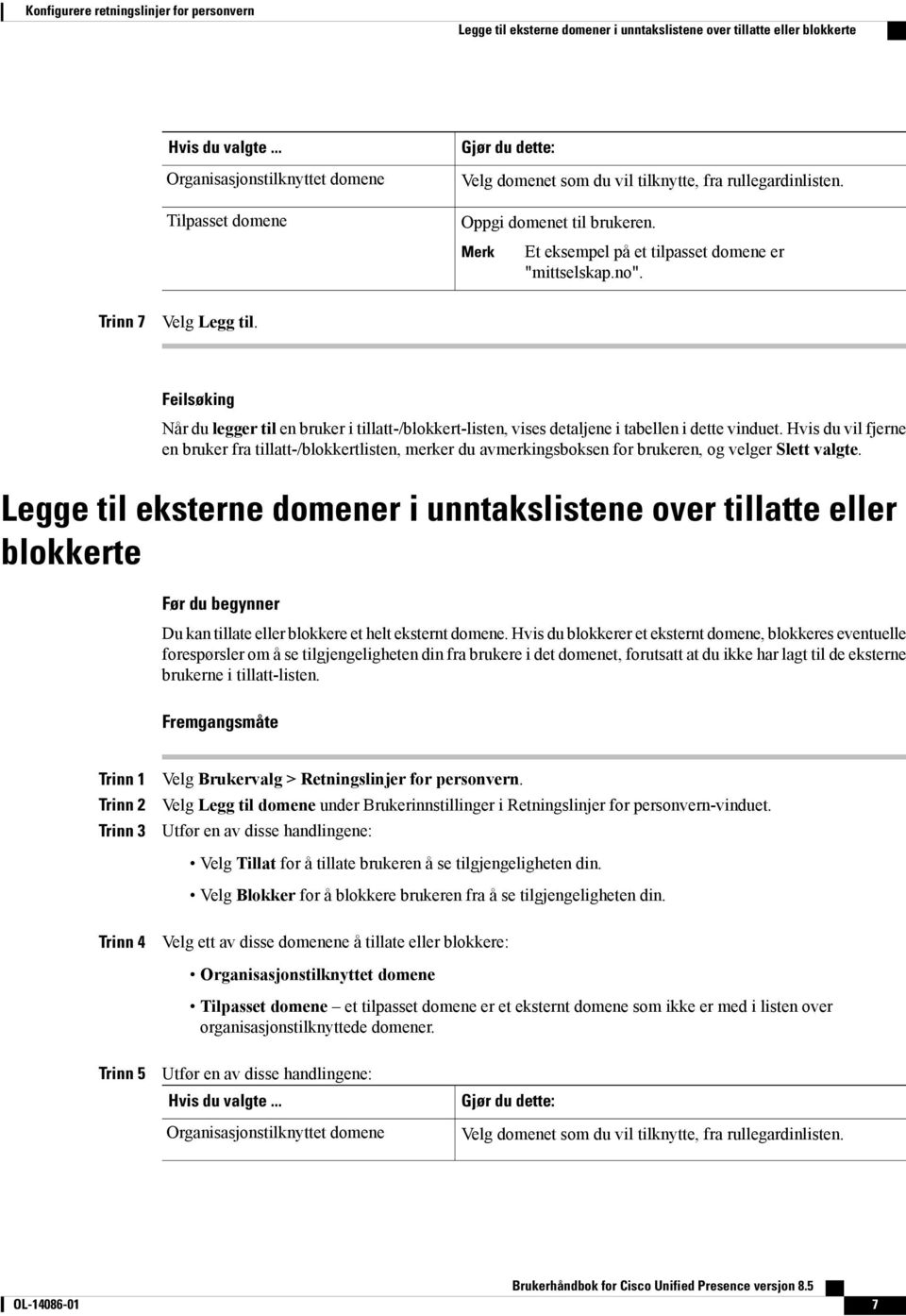 Merk Et eksempel på et tilpasset domene er "mittselskap.no". Trinn 7 Velg Legg til. Feilsøking Når du legger til en bruker i tillatt-/blokkert-listen, vises detaljene i tabellen i dette vinduet.