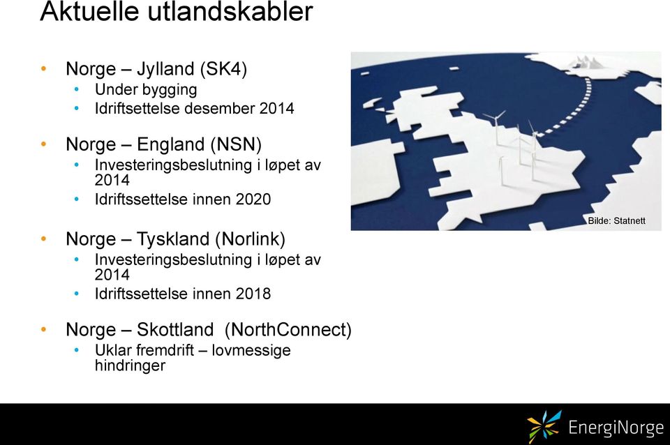 Norge Tyskland (Norlink) Investeringsbeslutning i løpet av 2014 Idriftssettelse innen