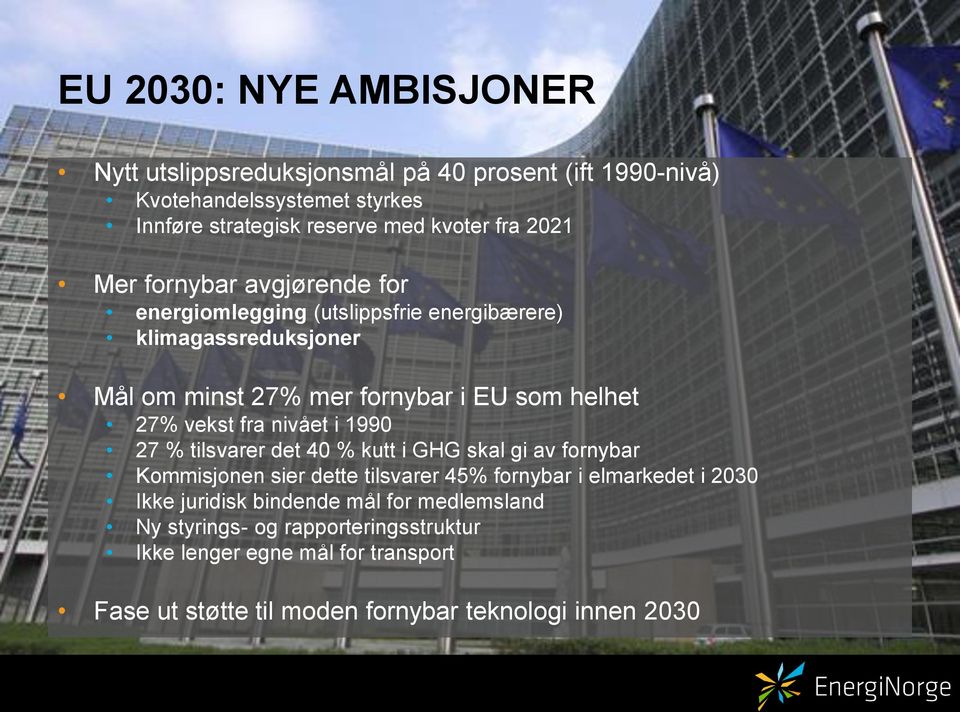 fra nivået i 1990 27 % tilsvarer det 40 % kutt i GHG skal gi av fornybar Kommisjonen sier dette tilsvarer 45% fornybar i elmarkedet i 2030 Ikke juridisk