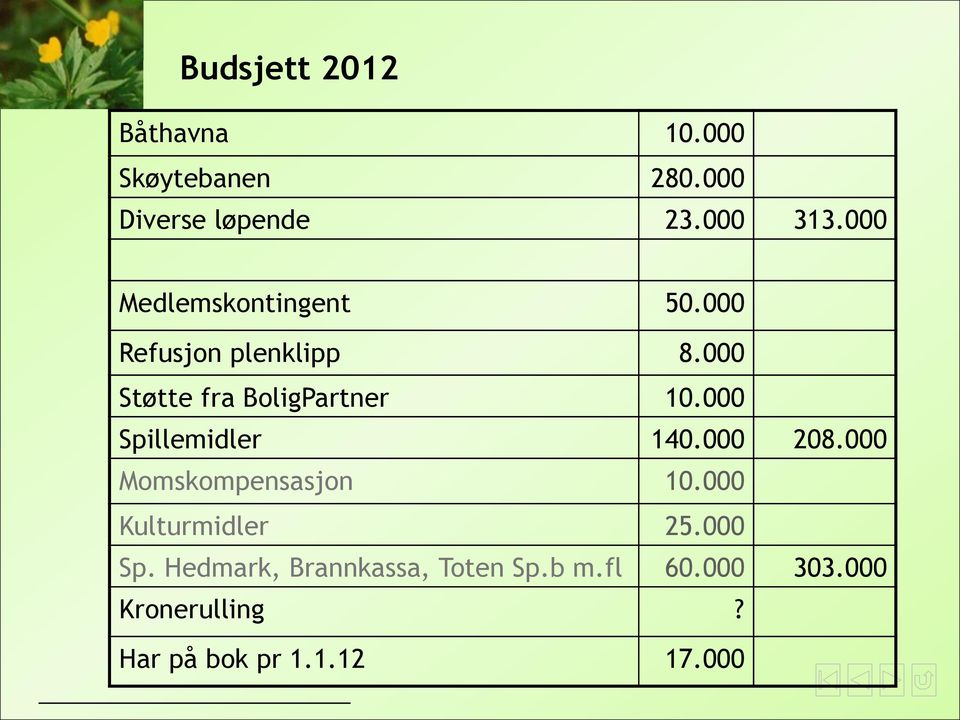 000 Spillemidler 140.000 208.000 Momskompensasjon 10.000 Kulturmidler 25.000 Sp. Hedmark, Brannkassa, Toten Sp.