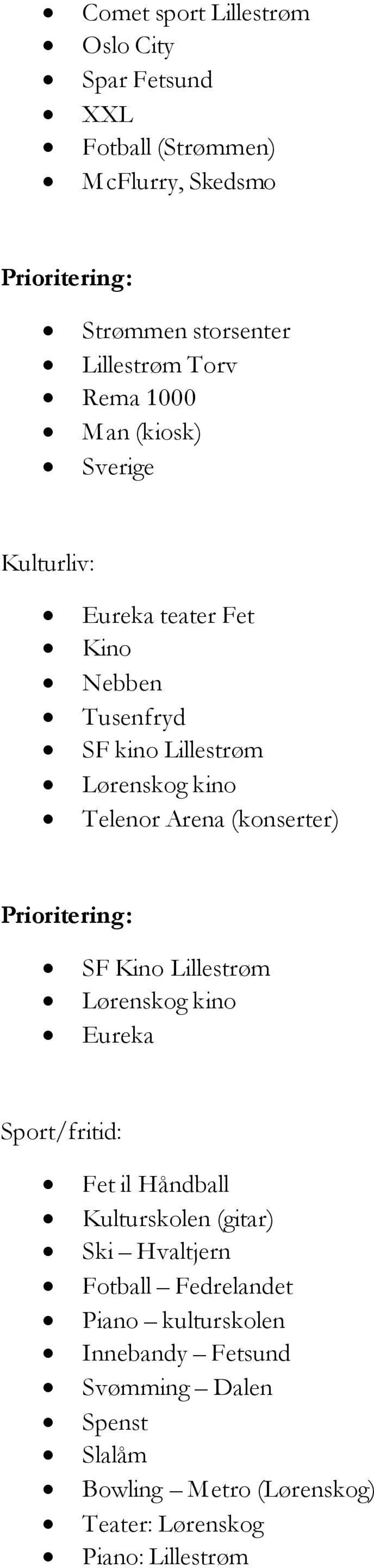 (konserter) SF Kino Lillestrøm Lørenskog kino Eureka Sport/fritid: Fet il Håndball Kulturskolen (gitar) Ski Hvaltjern Fotball