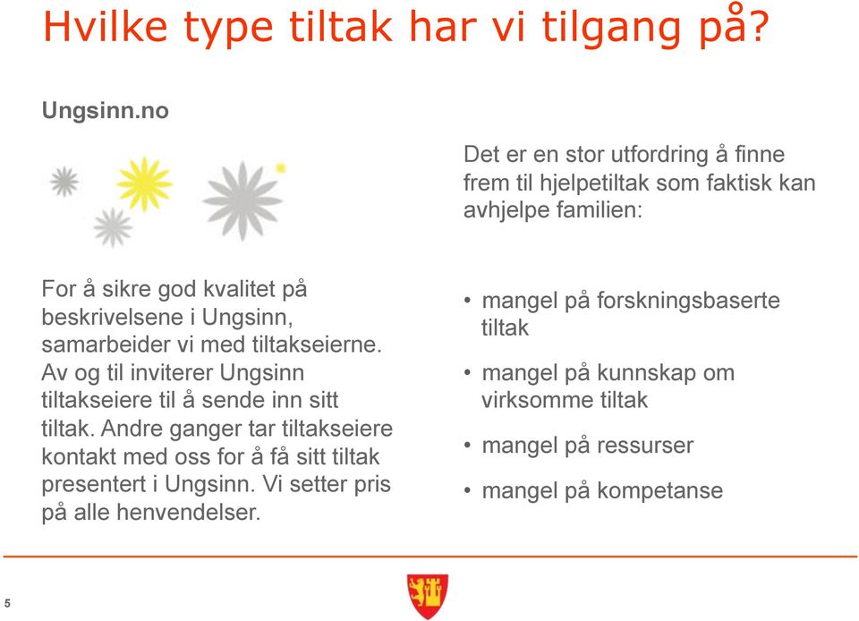 beskrivelsene i Ungsinn, samarbeider vi med tiltakseierne. Av og til inviterer Ungsinn tiltakseiere til å sende inn sitt tiltak.