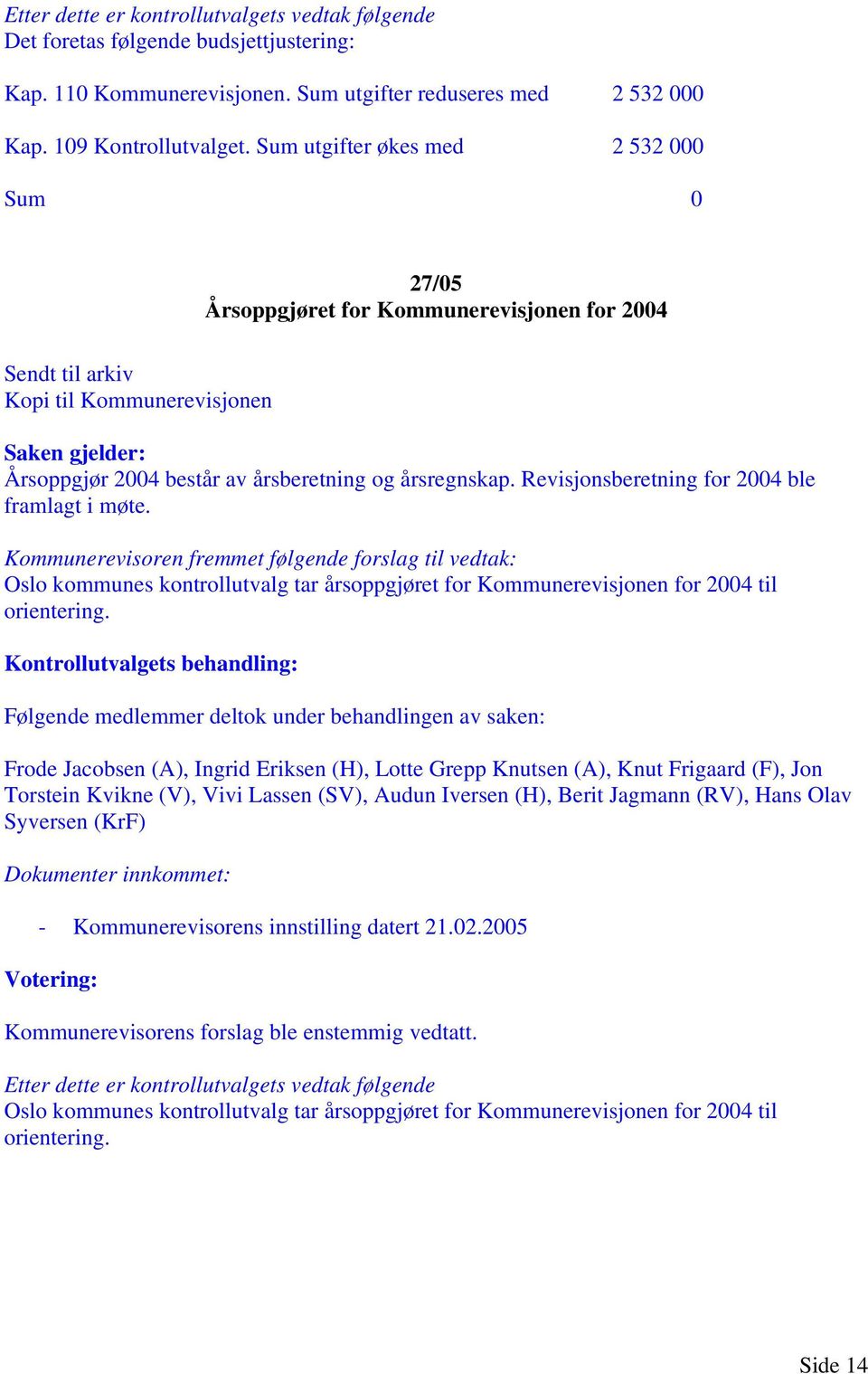 Revisjonsberetning for 2004 ble framlagt i møte. Kommunerevisoren fremmet følgende forslag til vedtak: Oslo kommunes kontrollutvalg tar årsoppgjøret for Kommunerevisjonen for 2004 til orientering.